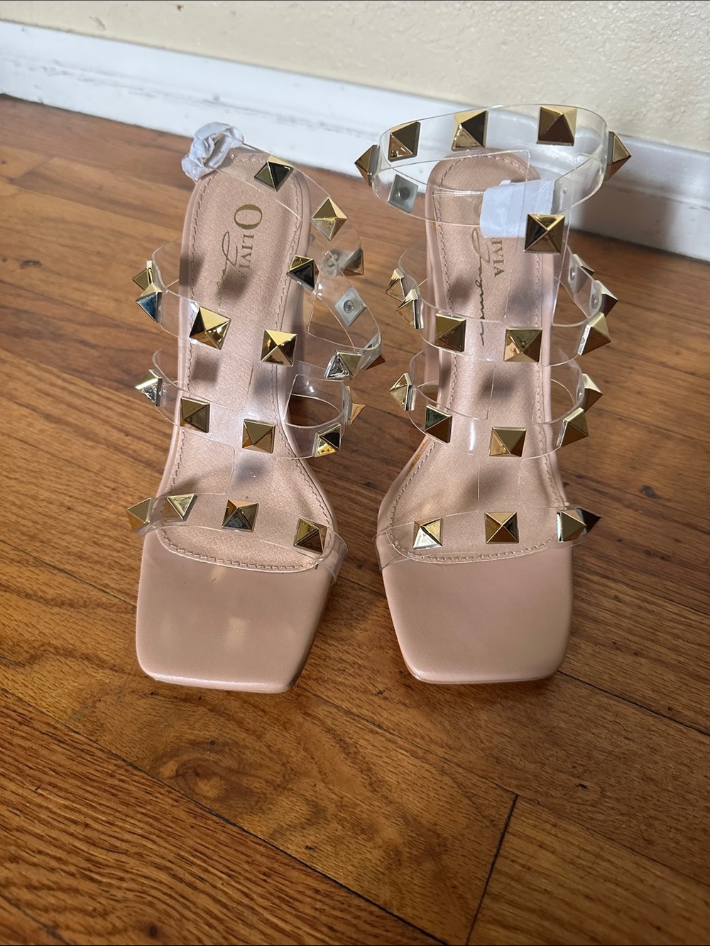 Olivia Miller Rose Nude Studded Clear Strap Block Heels